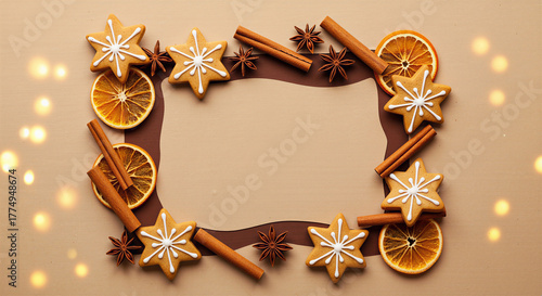 Christmas baking frame with cookies and spices for holiday recipe card or bakery menu design