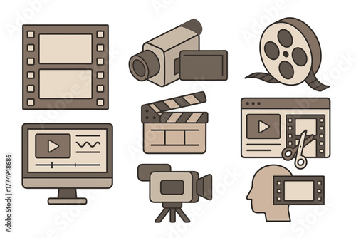 Film production elements in flat design with editing tools and media icons