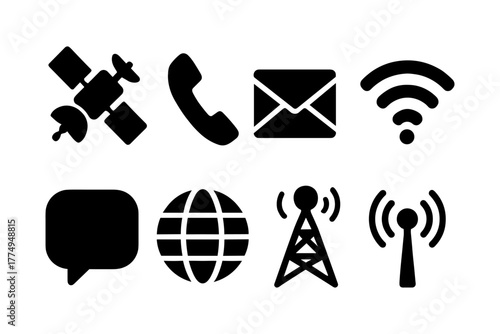 Silhouette communication icons: wireless, satellite, global connectivity, email, phone, signal