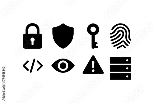 Security and privacy icons set: lock, shield, key, fingerprint, and more