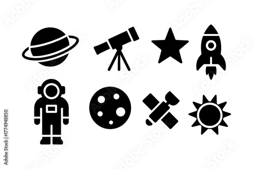 Bold space exploration icons: planets, telescope, astronaut, rocket, stars