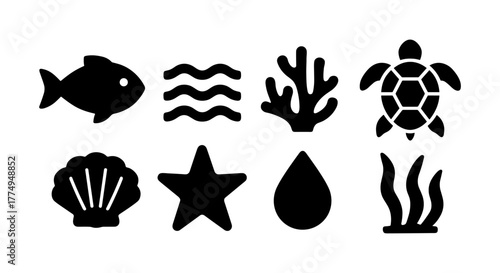Marine icons set: coral, turtle, fish, shell, star, wave, water, seaweed silhouettes