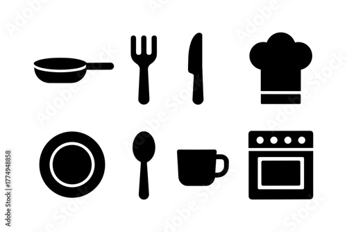 Kitchen utensil icons set: modern cooking tools in silhouette style
