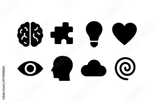 Silhouette icons of brain, puzzle, lightbulb, heart, eye, head, cloud, and spiral