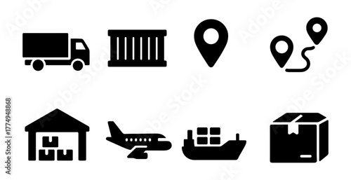 Silhouette icons of logistics and transportation elements for efficient delivery solutions