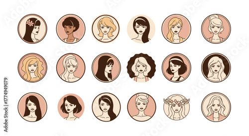 Collection of diverse female avatars in circular frames, showcasing a variety of hairstyles, skin tones, and facial features, representing different women and beauty standards, perfect for social
