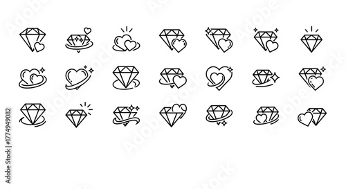Collection of 21 unique hand-drawn outline icons featuring diamonds and hearts, symbolizing love, luxury, and precious moments, perfect for graphic design, web elements, and romantic themes