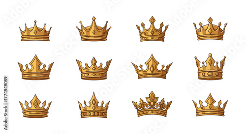 Collection of twelve ornate golden crowns, each uniquely designed with intricate details, set against a stark black background, symbolizing royalty, power, and luxury, perfect for design elements and