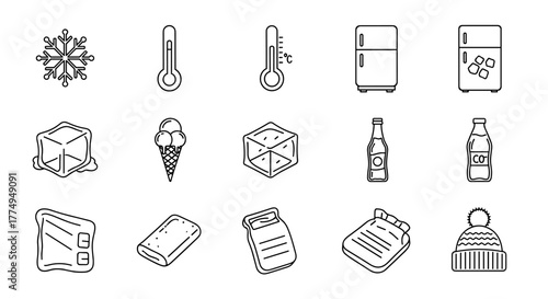 A collection of outline icons representing cold storage and winter essentials, including a snowflake, thermometers, ice cubes, refrigerators, ice cream, bottles, a hot water bottle, and a winter hat