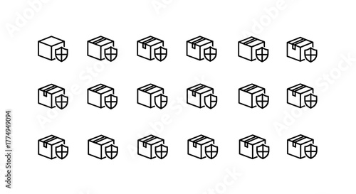 Minimalistic outline icon of a box with a shield, perfect for web and graphic design, apps, banners, social networks, and cards. This vector cartoon illustration features a clean, modern aesthetic