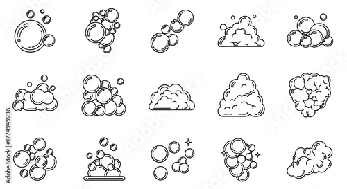 Vivid and dynamic cartoon illustration featuring effervescent bubbles and frothy foam, rendered with an editable stroke for versatile graphic design applications across websites, cards, books, and