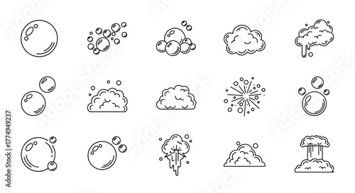 Set of 12 isolated line icons representing bubbles and foam, perfect for graphic design, books, adverts, and apps. This vector cartoon illustration features a clean white background, offering a