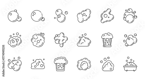 Collection of minimalistic thin line icons representing bubbles and foam, perfect for web and graphic design, apps, banners, social networks, and cards. This vector cartoon illustration set includes