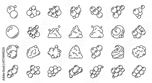Collection of 24 white outline bubble and foam icons on a black background, representing various forms of effervescence and aeration, perfect for graphic design, advertising, and app development