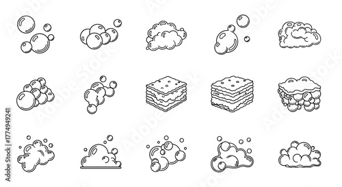Set of 15 bubble and foam pictograms, perfect for graphic design, books, adverts, and apps. This vector cartoon illustration features a clean white background, showcasing various bubble formations