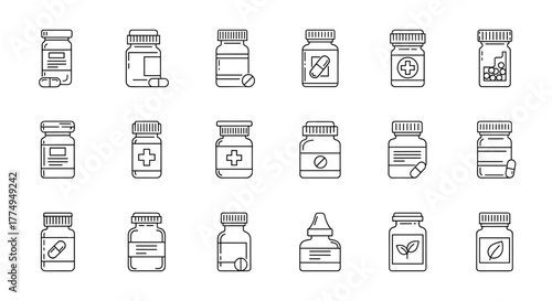 Collection of 16 thin line icons representing various medicine bottles, pills, and capsules, suitable for web, print, and app design. Includes medical symbols and herbal remedies, offering a