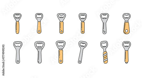 Collection of twelve flat design bottle openers with a filled outline and linear style, presented on a black background, ideal for graphic and web design, apps, adverts, and various cards, offering a
