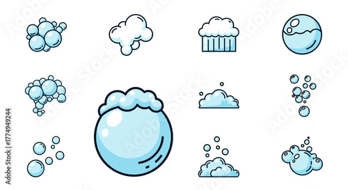 Collection of cartoon-style bubbles and foam elements, perfect for graphic design, web sites, cards, books, and articles. This ordered set features various bubble clusters and fluffy foam shapes