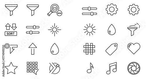 Collection of thin line icons for graphic design, including filters, search, settings, sort, sun, water drop, tag, heart, star, music note, and camera aperture, perfect for web, apps, and cards