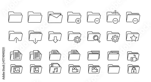 Bundle of minimalistic linear folder icons, perfect for web and graphic design, apps, banners, social networks, and cards. This collection features a variety of folder types including empty, filled