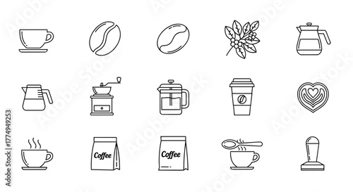 Bundle of Coffee-Related Line Icons: Roasted Coffee Outline Signs for Graphic and Web Design, Apps, Advertisements, Various Cards, Vector Cartoon Illustrations, Featuring Coffee Beans, Cups, Pots