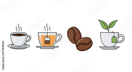A vibrant vector cartoon illustration showcasing a delightful contrast between coffee and tea, featuring steaming cups, coffee beans, and a tea cup with fresh green leaves, perfect for websites