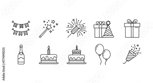 Collection of thin line icons representing holidays, including garlands, a magic wand, and fireworks, perfect for apps, websites, banners, infographics, and various other design projects requiring a