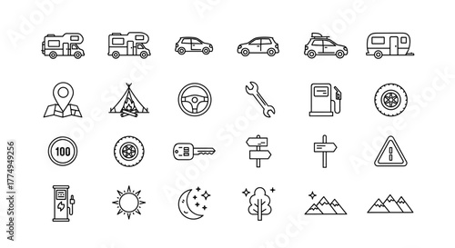 Collection of Motorhome and Car Related Line Icons: Outline Signs for Graphic and Web Design, Apps, Adverts, Various Cards, Vector Cartoon Illustration with Elements like GPS, Tent, Steering Wheel