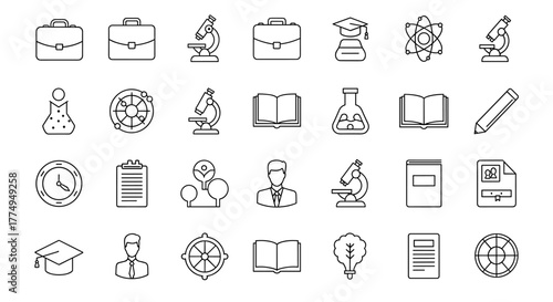 Collection of outline symbols for briefcase, microscope, books, graduation cap, atom, flask, clock, clipboard, person, pencil, document, and lightbulb, drawn with thin lines on a black background