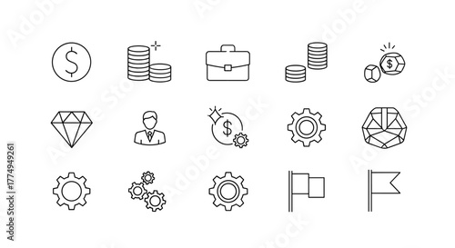 A collection of minimalistic, linear outline web icons representing business and finance concepts, including dollar signs, stacks of coins, a briefcase, a diamond, a businessman silhouette, gears