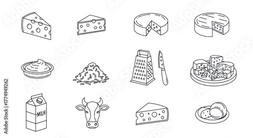 Collection of minimalistic linear icons representing various cheese types and dairy products, including wedges, wheels, grated cheese, butter, milk carton, and a cow head, perfect for web and graphic