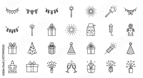 Wallpaper Mural Collection of Outline Symbols of Holidays and Celebrations, including Garlands, Magic Wand, Firework, Gifts, Christmas Tree, Party Hat, Firecracker, Champagne Glasses, and Confetti, drawn with thin Torontodigital.ca