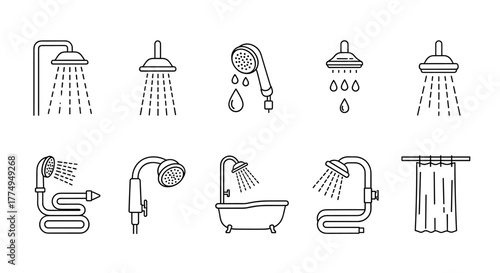 Collection of thin vector line art illustrations depicting various shower heads, water streams, a bathtub, and a shower curtain, perfect for web design, articles, and educational materials, presented