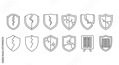 Collection of minimalistic outline icons representing cracked shields and a radiator, symbolizing broken security, vulnerability, and potential damage. Ideal for web design, app interfaces, social