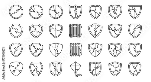 Collection of cracked shield outlines and a kite, presented in a vector cartoon illustration style with a white background, perfect for graphic and web design, apps, adverts, and various cards