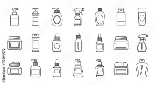 Collection of outline cosmetic bottles and containers, including pump dispensers, spray bottles, jars, and dropper bottles, presented on a black background, ideal for graphic design, web, apps