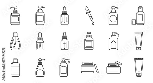 Collection of simple, isolated line icons representing cosmetic bottles and containers, perfect for graphic design, advertising, and app development. Editable stroke allows for customization. Vector