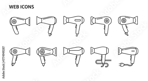 Collection of minimalistic linear outline icons representing various hair dryers, perfect for web and graphic design, apps, banners, social networks, and cards. This vector set features clean, modern