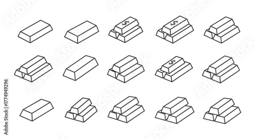 Collection of outline icons representing gold bars in various arrangements, including single bars and stacks, some with dollar signs, perfect for infographics, financial articles, books, flyers, and