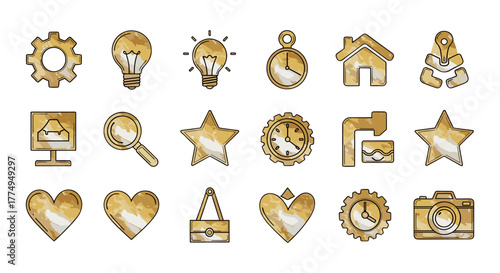 Golden Marble Texture Icons Set: A collection of elegant vector icons featuring a luxurious golden marble texture, perfect for technology, business, and lifestyle themes. Includes symbols for gear