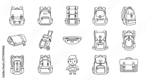 Outline icon collection of school bags, tracking backpacks, hiking rucksacks, and travel luggage, featuring editable strokes and perfect for infographics, articles, books, flyers, and banners