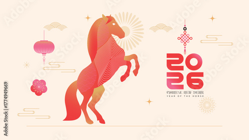 Chinese New Year Stylish illustration of a red horse rearing up with lanterns, clouds, and sunburst motifs beside “2026” typography, symbolizing luck and vitality for Year of the Horse.