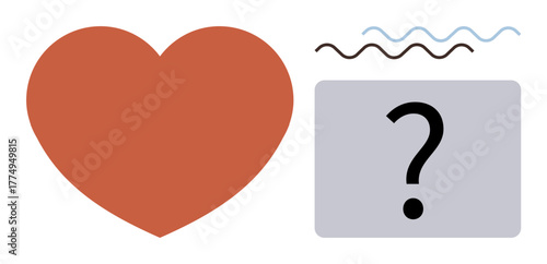 Large red heart, wavy lines above gray square with question mark, suggesting choices, love, emotions, decisions. Ideal for feelings, relationships, options doubt curiosity introspection simple
