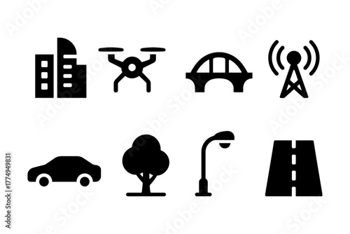 Urban silhouette icons set featuring infrastructure and transportation elements