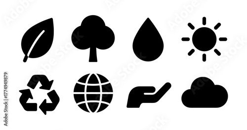 Eco-friendly icon set: nature, sustainability, and environmental symbols in silhouette style