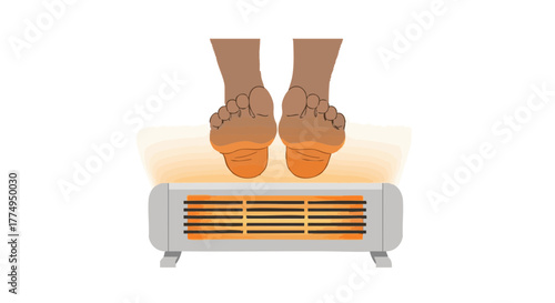 Bare feet warming by electric heater in winter season  