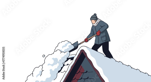 Man shoveling snow off steep roof during winter season  