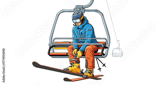 Skier sitting on ski lift adjusting boot buckles in snowy environment  