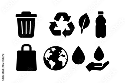 Eco-friendly icons set featuring recycling, sustainability, and conservation symbols