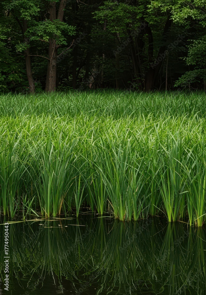 Obraz premium Dense green reeds growing out of reflective calm water in a wetland environment, symbolizing nature's quiet strength and serenity ,green ,vegetation ,horizontal